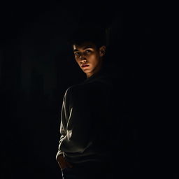 A young man standing in the shadows, intently observing his surroundings