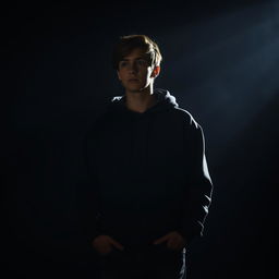 A young man standing in the shadows, intently observing his surroundings