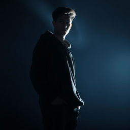 A young man standing in the shadows, intently observing his surroundings