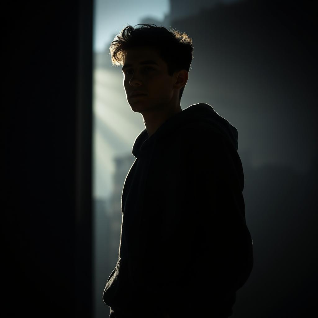 A young man standing in the shadows, intently observing his surroundings