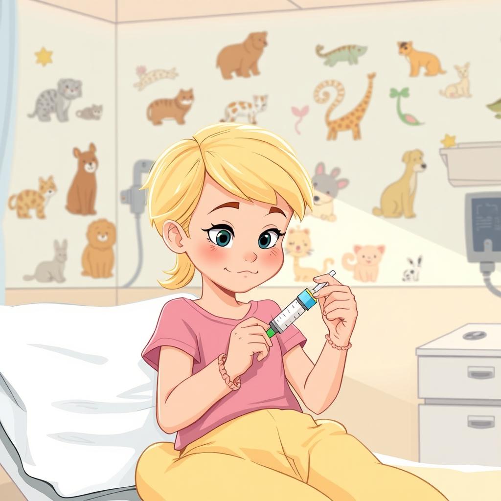 Une illustration d'une fillette de 7 ans aux cheveux blonds, s'administrant avec assurance une injection d'insuline dans la cuisse à l'hôpital