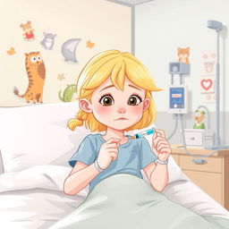 Une illustration d'une fillette de 7 ans aux cheveux blonds, s'administrant avec assurance une injection d'insuline dans la cuisse à l'hôpital