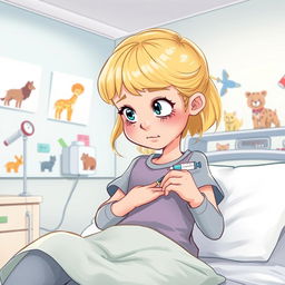 Une illustration d'une fillette de 7 ans aux cheveux blonds, s'administrant avec assurance une injection d'insuline dans la cuisse à l'hôpital