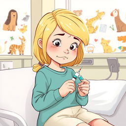 Une illustration d'une fillette de 7 ans aux cheveux blonds, s'administrant avec assurance une injection d'insuline dans la cuisse à l'hôpital