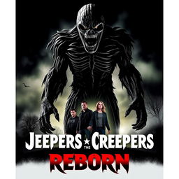 A striking movie cover for 'Jeepers Creepers Reborn' featuring the Creeper monster as the central figure, towering and menacing, with an imposing stance