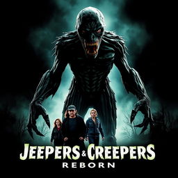 A striking movie cover for 'Jeepers Creepers Reborn' featuring the Creeper monster as the central figure, towering and menacing, with an imposing stance