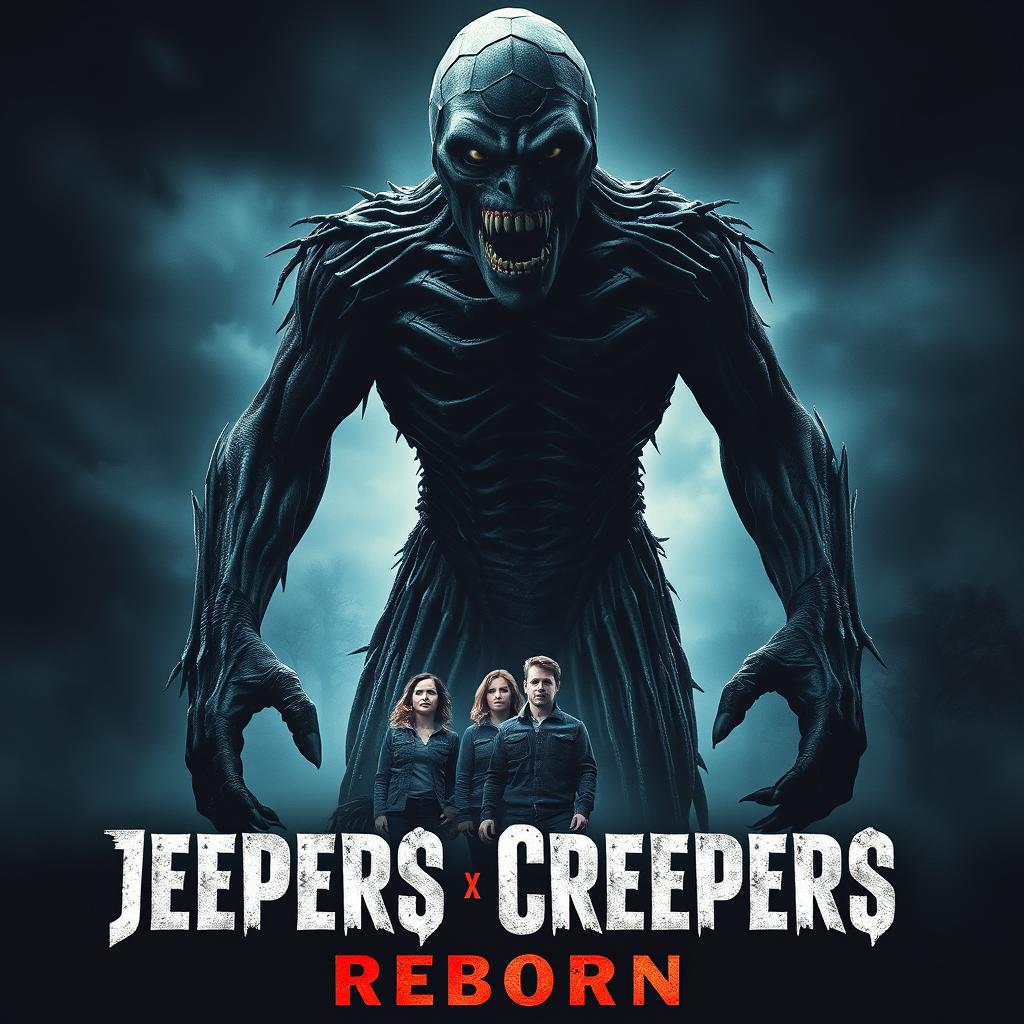 A striking movie cover for 'Jeepers Creepers Reborn' featuring the Creeper monster as the central figure, towering and menacing, with an imposing stance