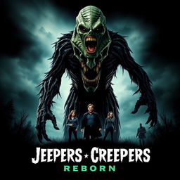 A striking movie cover for 'Jeepers Creepers Reborn' featuring the Creeper monster as the central figure, towering and menacing, with an imposing stance