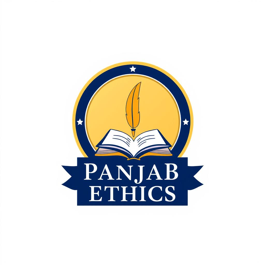 A flat vector, illustrative-style emblem logo design for a philosophy education company named 'Panjab Ethics'