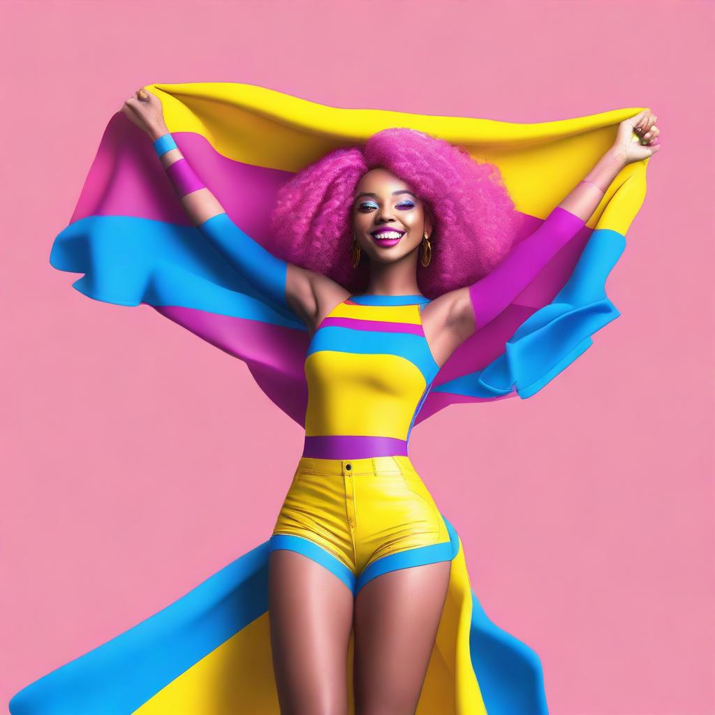 A high-quality digital art piece portraying the pansexual pride flag as a person