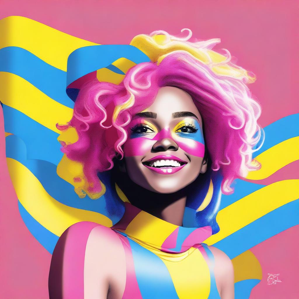 A high-quality digital art piece portraying the pansexual pride flag as a person