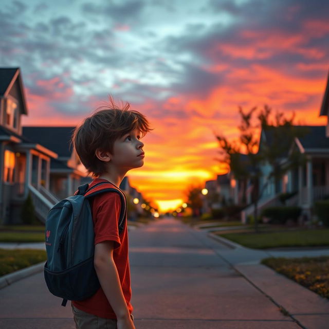 A small, quiet suburban town at dusk, with the warm glow of sunset illuminating row houses