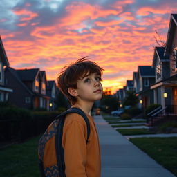 A small, quiet suburban town at dusk, with the warm glow of sunset illuminating row houses