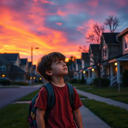 A small, quiet suburban town at dusk, with the warm glow of sunset illuminating row houses