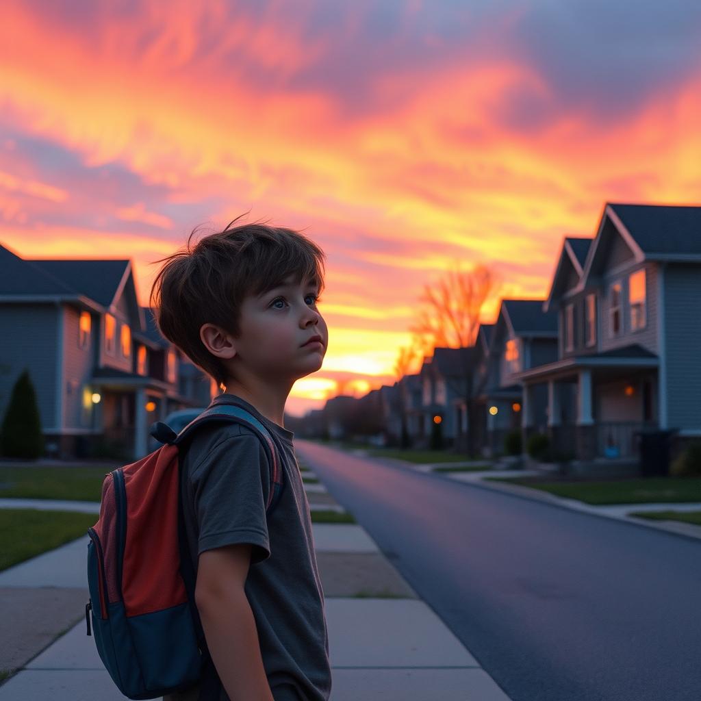 A small, quiet suburban town at dusk, with the warm glow of sunset illuminating row houses