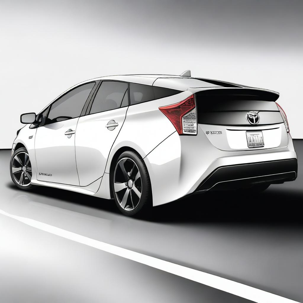 An image of a unique, sporty Toyota Prius, enhanced with six wheels