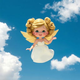 A whimsical angel with fluffy, voluminous curls held in rollers, gracefully hovering in a bright blue sky
