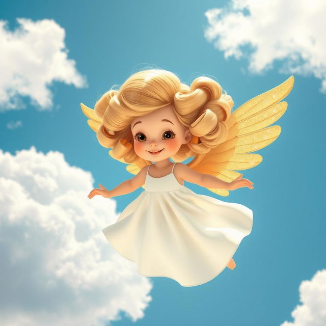 A whimsical angel with fluffy, voluminous curls held in rollers, gracefully hovering in a bright blue sky