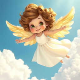 A whimsical angel with fluffy, voluminous curls held in rollers, gracefully hovering in a bright blue sky