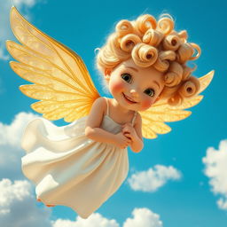A whimsical angel with fluffy, voluminous curls held in rollers, gracefully hovering in a bright blue sky