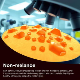 An illustration of non-melanoma skin cancer cells under a microscope, showcasing their distinctive irregular shapes and structures