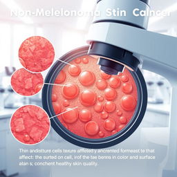 An illustration of non-melanoma skin cancer cells under a microscope, showcasing their distinctive irregular shapes and structures