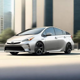 An image of a unique, sporty Toyota Prius, enhanced with six wheels