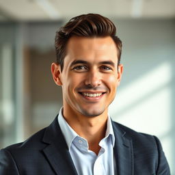 A professional portrait of a man in a smart business suit, exuding confidence and charisma