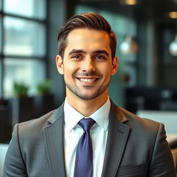 A professional portrait of a man in a smart business suit, exuding confidence and charisma