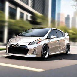 A high-quality digital art piece showcasing a modified Toyota Prius with a sporty twist