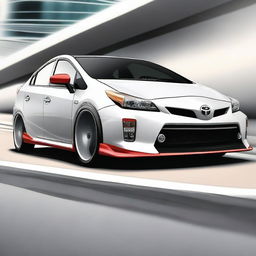 A high-quality digital art piece showcasing a modified Toyota Prius with a sporty twist