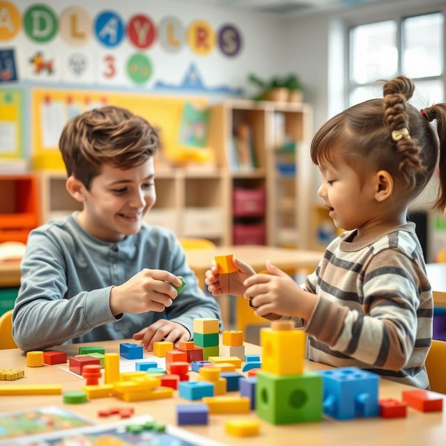 A scene showcasing a college student conducting educational experiments with a six-year-old child