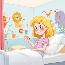 Une illustration d'une fillette de 7 ans aux cheveux blonds, s'administrant avec assurance une injection d'insuline à l'hôpital