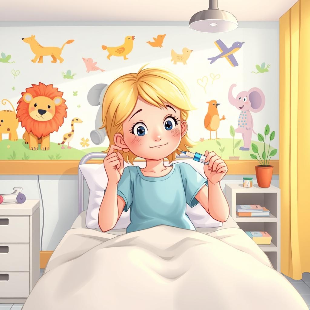 Une illustration d'une fillette de 7 ans aux cheveux blonds, s'administrant avec assurance une injection d'insuline à l'hôpital