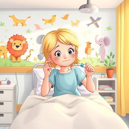 Une illustration d'une fillette de 7 ans aux cheveux blonds, s'administrant avec assurance une injection d'insuline à l'hôpital