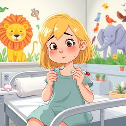 Une illustration d'une fillette de 7 ans aux cheveux blonds, s'administrant avec assurance une injection d'insuline à l'hôpital