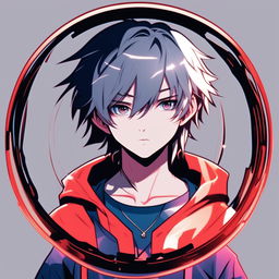 This is a high-quality digital art image of a cool, confident anime-style boy, encased within a circle border