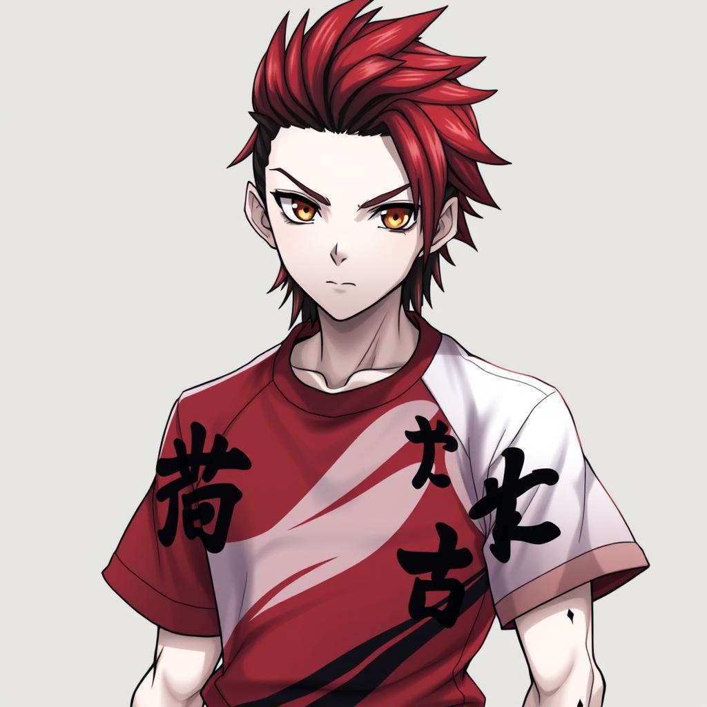 A stylish character with a striking mullet hairstyle, sprinkled with vibrant red highlights
