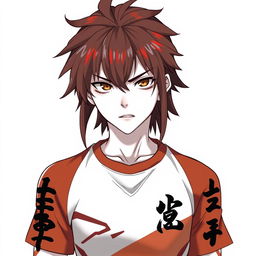 A stylish character with a striking mullet hairstyle, sprinkled with vibrant red highlights