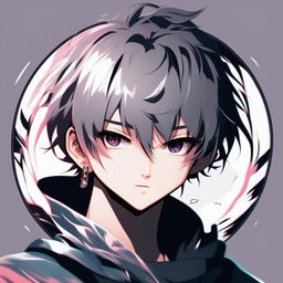 This is a high-quality digital art image of a cool, confident anime-style boy, encased within a circle border