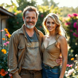 A handsome but poorly dressed man, wearing worn-out clothes, standing proudly next to his stunningly beautiful wife, who resembles a goddess