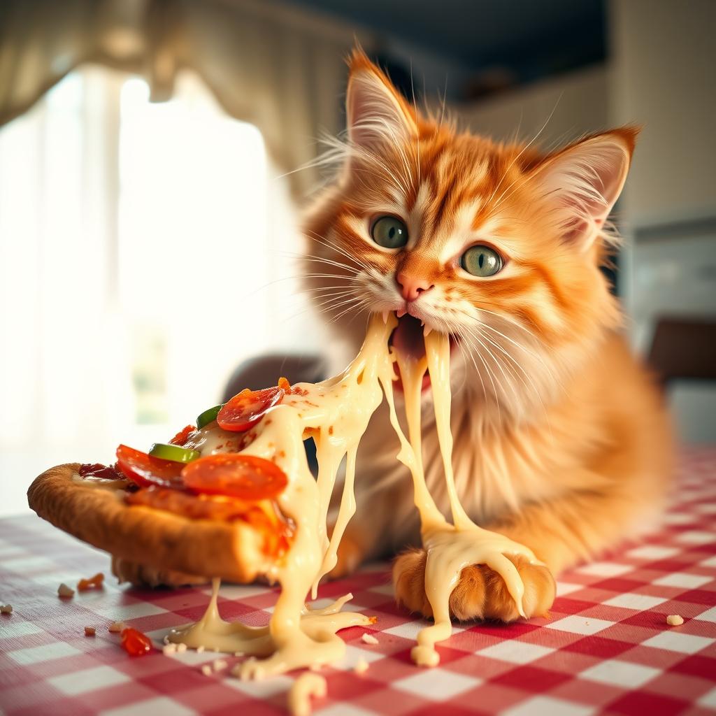 A cute cat enthusiastically eating a slice of pizza, with cheesy strings pulling away from the slice