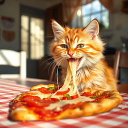 A cute cat enthusiastically eating a slice of pizza, with cheesy strings pulling away from the slice