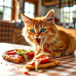 A cute cat enthusiastically eating a slice of pizza, with cheesy strings pulling away from the slice