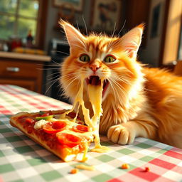 A cute cat enthusiastically eating a slice of pizza, with cheesy strings pulling away from the slice