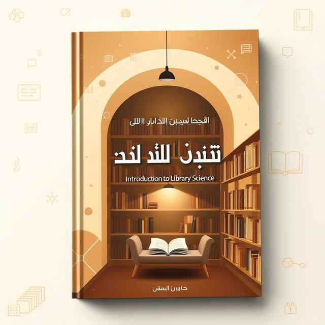 Book cover design for a title "مدخل إلى علم المكتبات" (Introduction to Library Science), featuring a modern and artistic interpretation of a library with bookshelves filled with books, a cozy reading nook, and a soft light illuminating the space