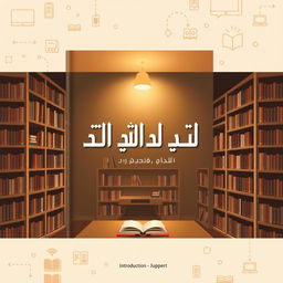 Book cover design for a title "مدخل إلى علم المكتبات" (Introduction to Library Science), featuring a modern and artistic interpretation of a library with bookshelves filled with books, a cozy reading nook, and a soft light illuminating the space