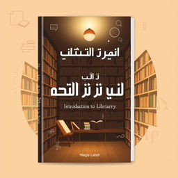 Book cover design for a title "مدخل إلى علم المكتبات" (Introduction to Library Science), featuring a modern and artistic interpretation of a library with bookshelves filled with books, a cozy reading nook, and a soft light illuminating the space
