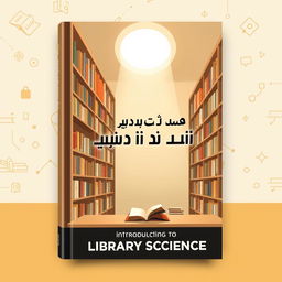 Book cover design for a title "مدخل إلى علم المكتبات" (Introduction to Library Science), featuring a modern and artistic interpretation of a library with bookshelves filled with books, a cozy reading nook, and a soft light illuminating the space