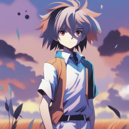 A high-quality digital art image depicts an anime-style boy standing in a field